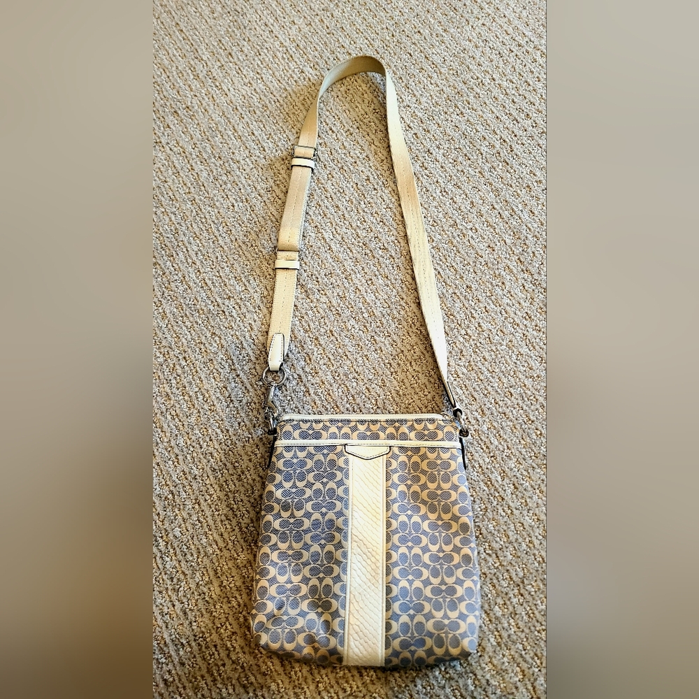 Authentic Coach Signature Tan/Denim Logo Canvas Crossbody Shoulder Bag Purse